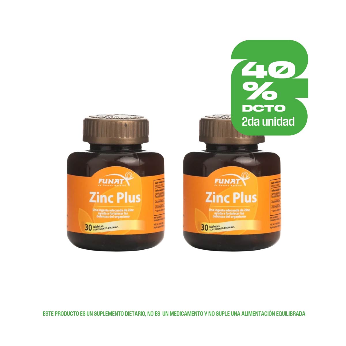 Por la compra de zinc plus x 30 tabletas lleva la segunda unidad con un 40% de descuento