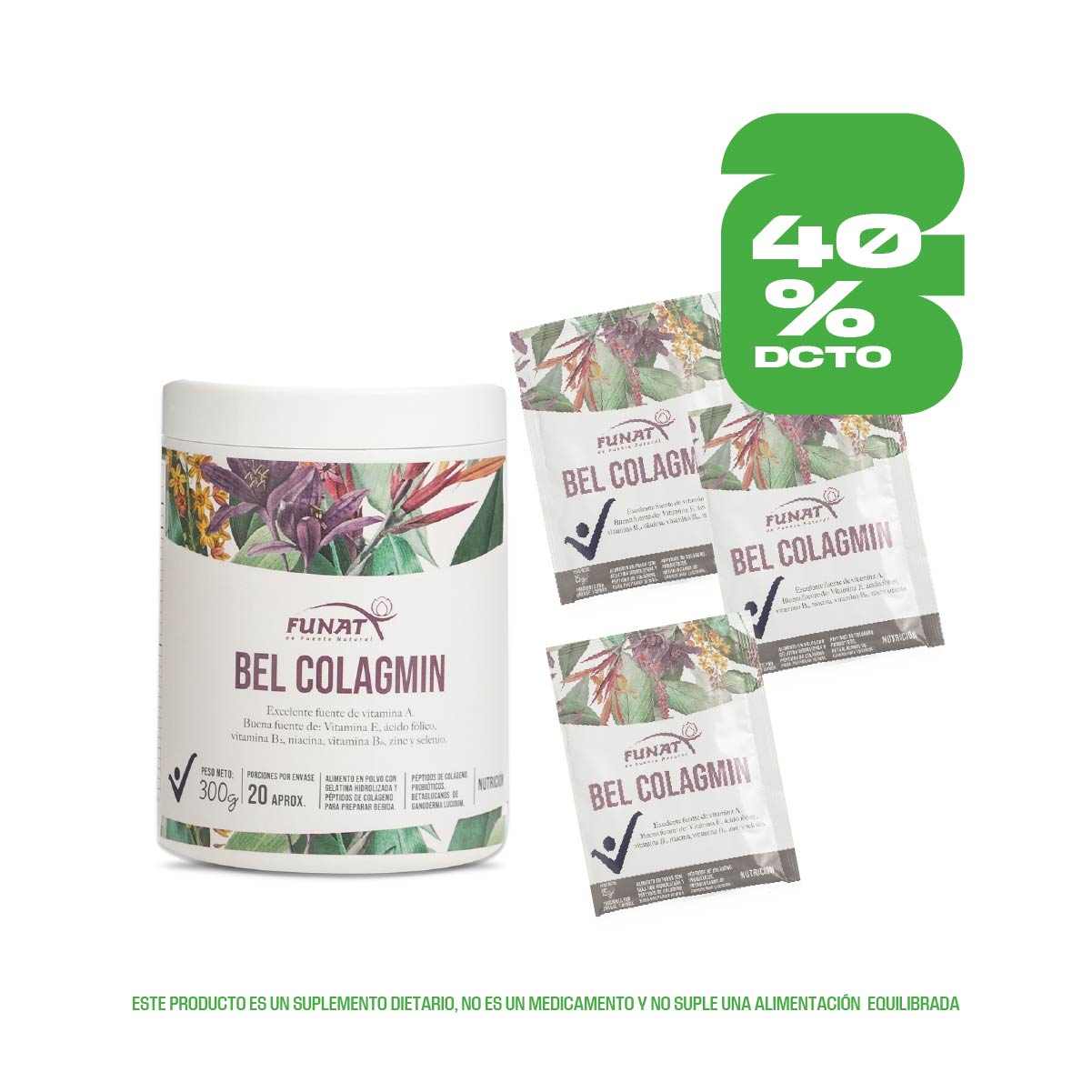 Por la compra de Bel Colagmin x300g lleva 3 unidades Bel Colagmin Sachet x15 gr sin sabor con un 40% de descuento