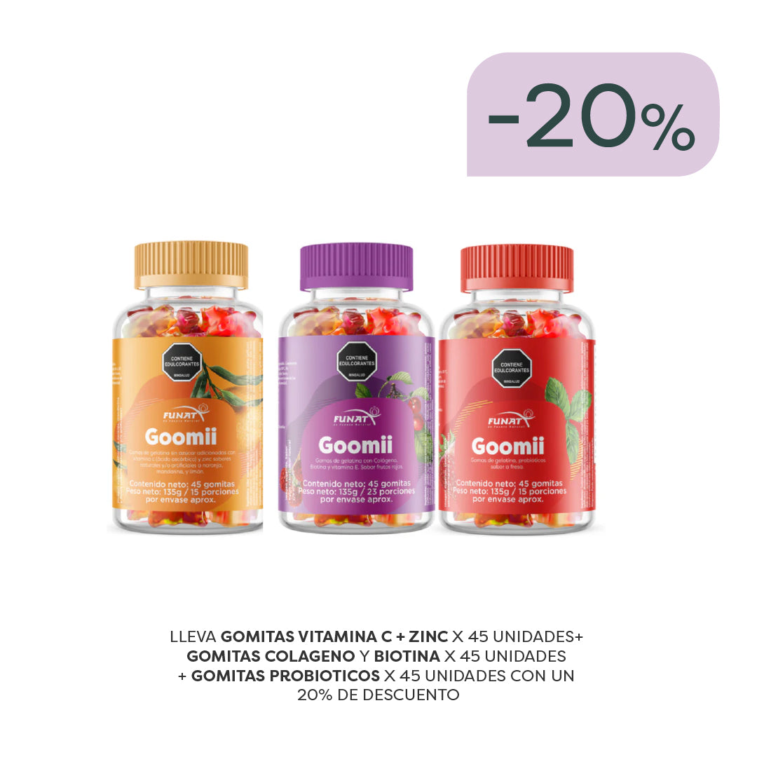 Lleva Gomitas Vitamina C + Zinc, Gomitas Colágeno y Biotina X 45 Unidades + Gomitas Probioticos Con Un 20% Off