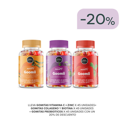 Lleva Gomitas Vitamina C + Zinc, Gomitas Colágeno y Biotina X 45 Unidades + Gomitas Probioticos Con Un 20% Off