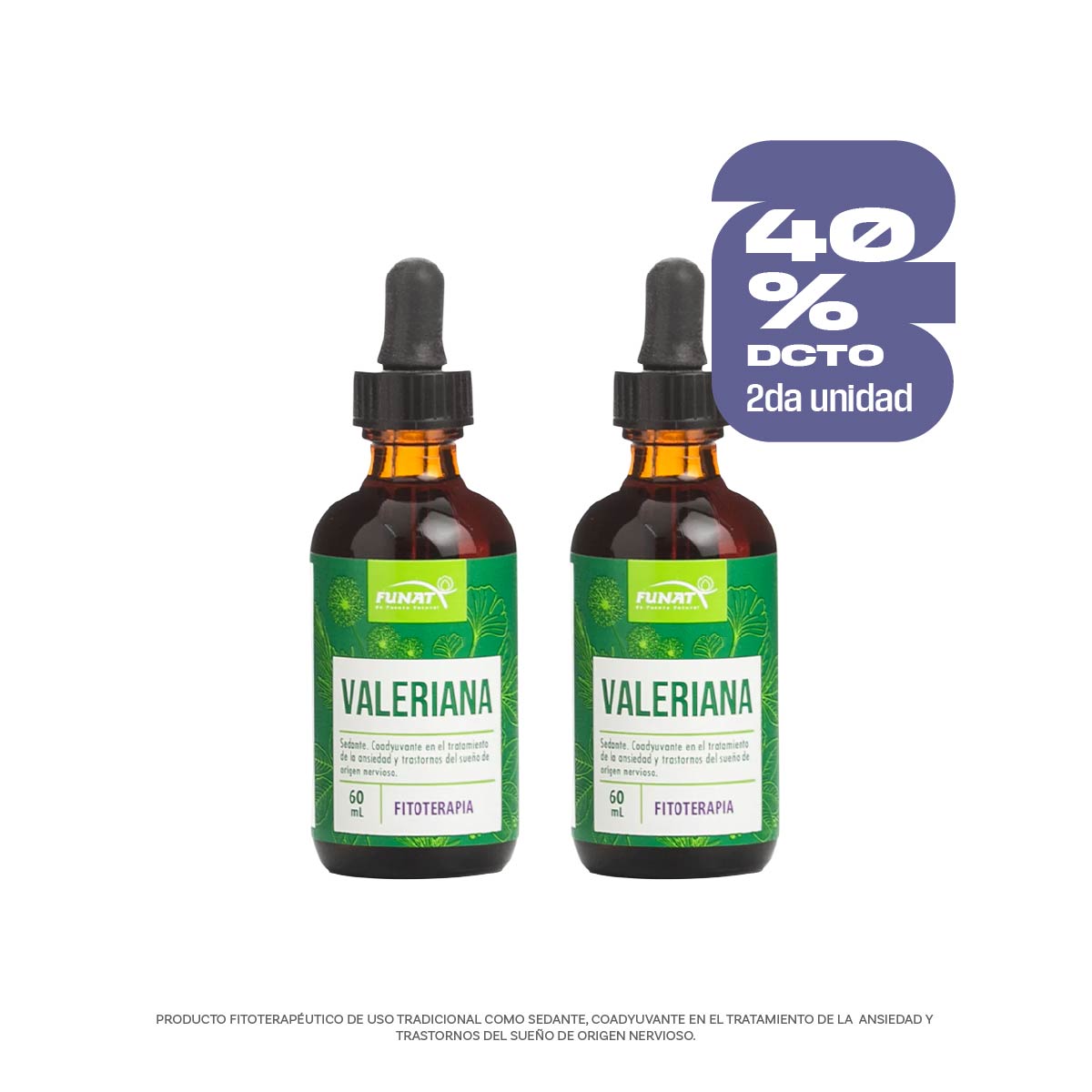Por la compra de valeriana extracto x 60 ml lleva la segunda unidad con un 40% de descuento