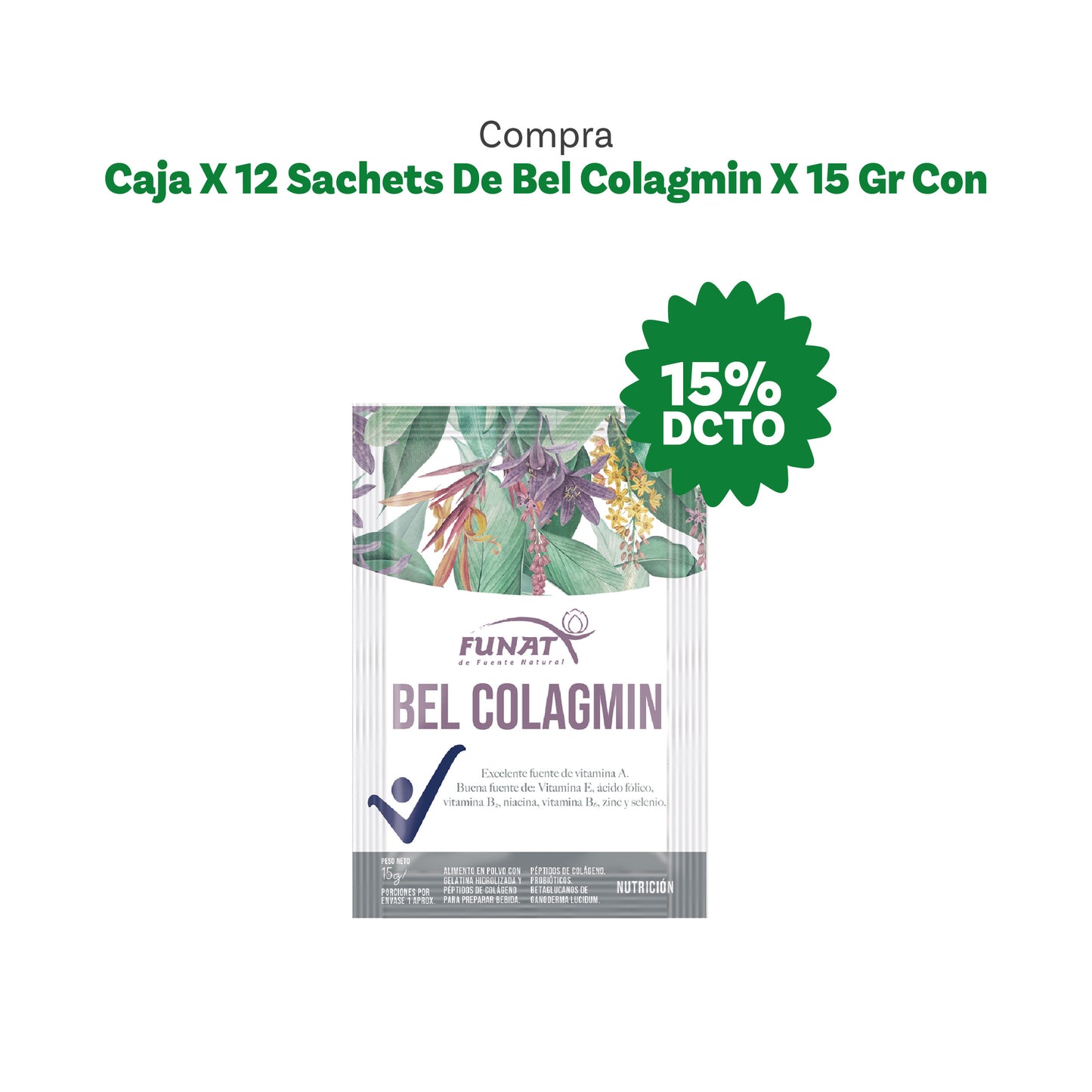 Lleva 12 sachets con el 15% dcto Bel Colaming sin sabor